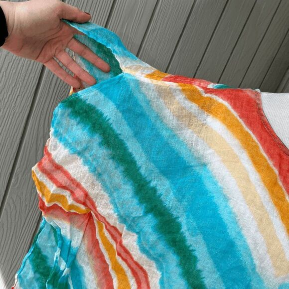 Chico’s Linen Poncho Top S/M OS Chevron Teal Coral Beachy Oversized Flowy - Picture 6 of 8